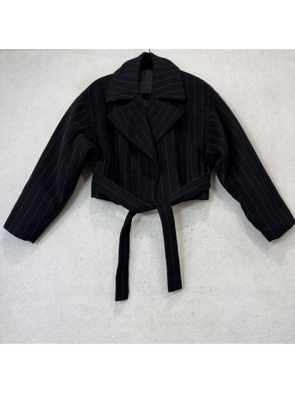 AQ/AQ Jacket Womens 8 Blue Wool Pinstripe Belted Cropped Sana Tie Waist